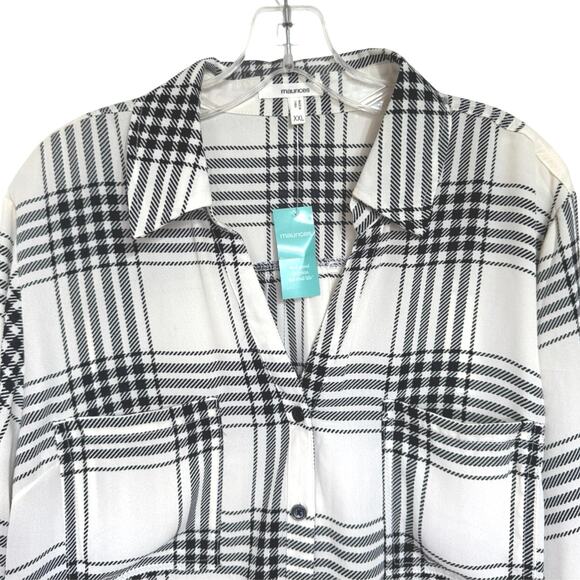 Maurices Women’s Plaid Button Front Tab Sleeve Blouse XXL Winter White Black - Picture 5 of 11